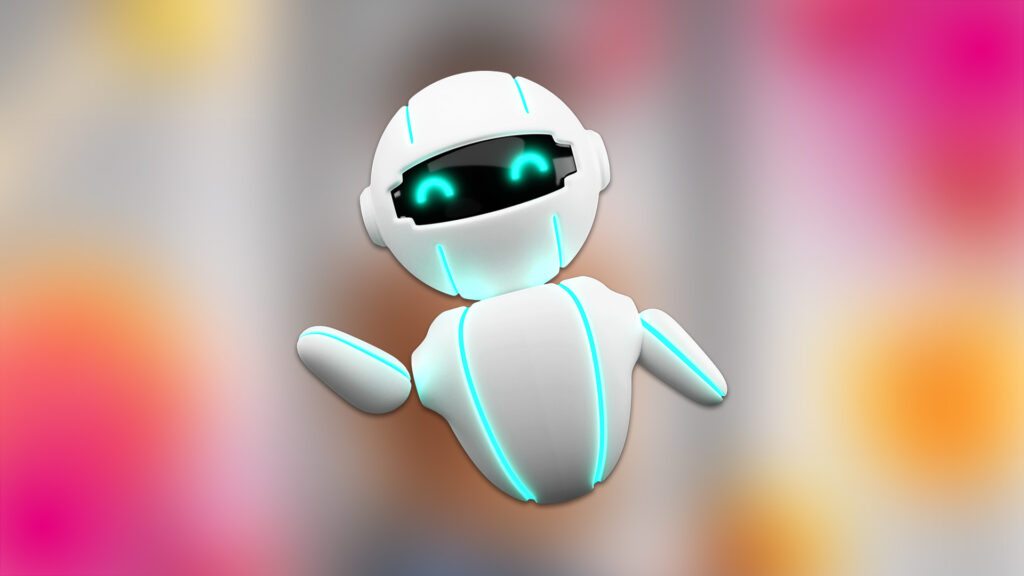 Robot caricaturesco con luces azules, usado como ícono amigable de tecnología e inteligencia artificial fondo