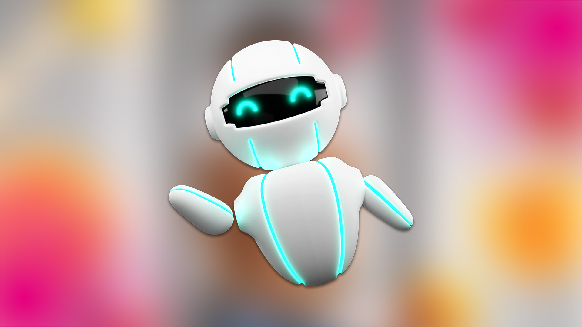 Robot caricaturesco con luces azules, usado como ícono amigable de tecnología e inteligencia artificial fondo