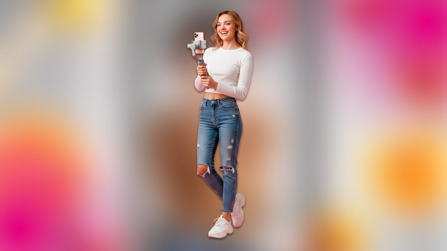 Micro-influencer grabando contenido con smartphone para estrategia de marketing digital 2026 con fondo