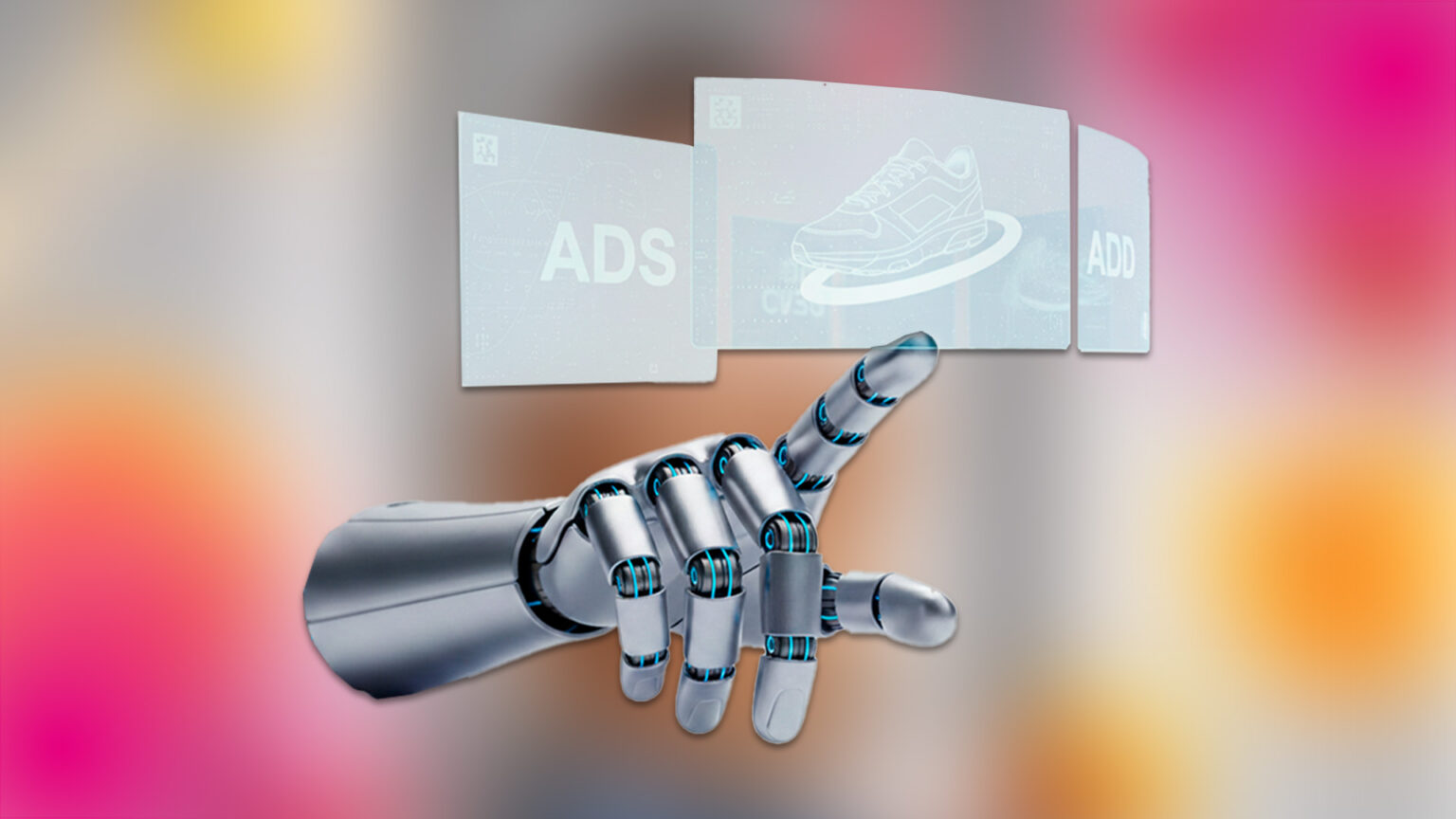 Mano robótica interactuando con anuncios digitales sobre fondo degradado, simbolizando la IA aplicada a campañas de Facebook e Instagram