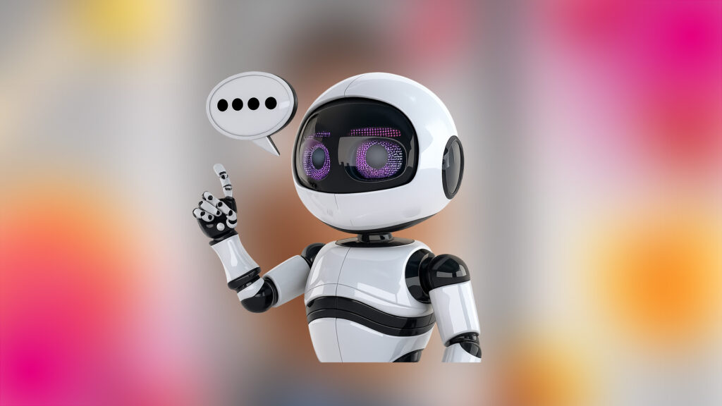 Robot chatbot con burbuja de conversación representando la automatización de ventas con inteligencia artificial