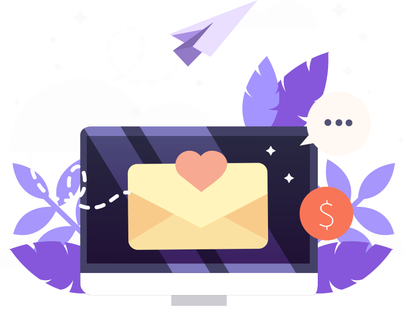Ilustración de email marketing con inteligencia artificial mostrando un sobre con corazón en pantalla de computadora