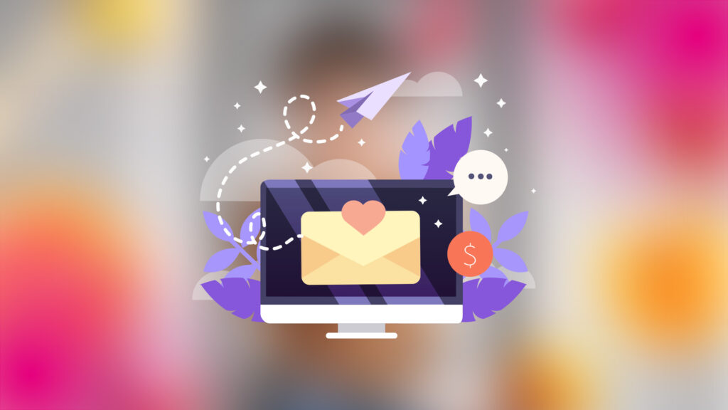 Ilustración de campaña de email marketing con IA sobre fondo degradado colorido con icono de sobre y corazón