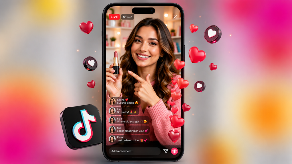 Ilustración 3D de una campaña de live shopping exitosa en 2026 con smartphone, iconos de redes sociales y elementos de venta en directo