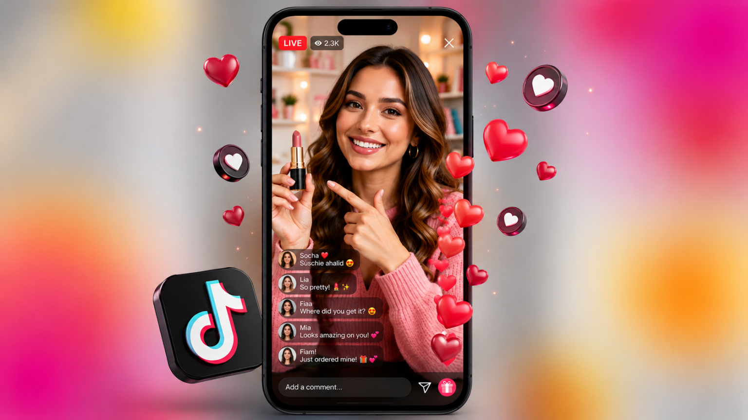 Ilustración 3D de una campaña de live shopping exitosa en 2026 con smartphone, iconos de redes sociales y elementos de venta en directo