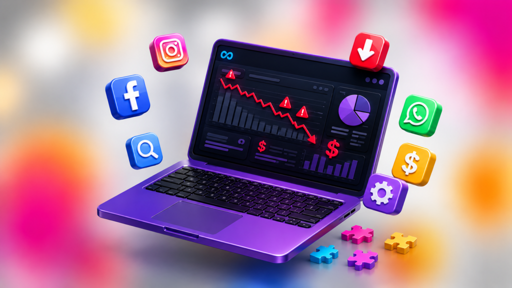 Laptop mostrando un dashboard de Meta Ads con gráficos en caída e iconos de Facebook, Instagram y WhatsApp representando errores que hacen perder dinero en campañas publicitarias
