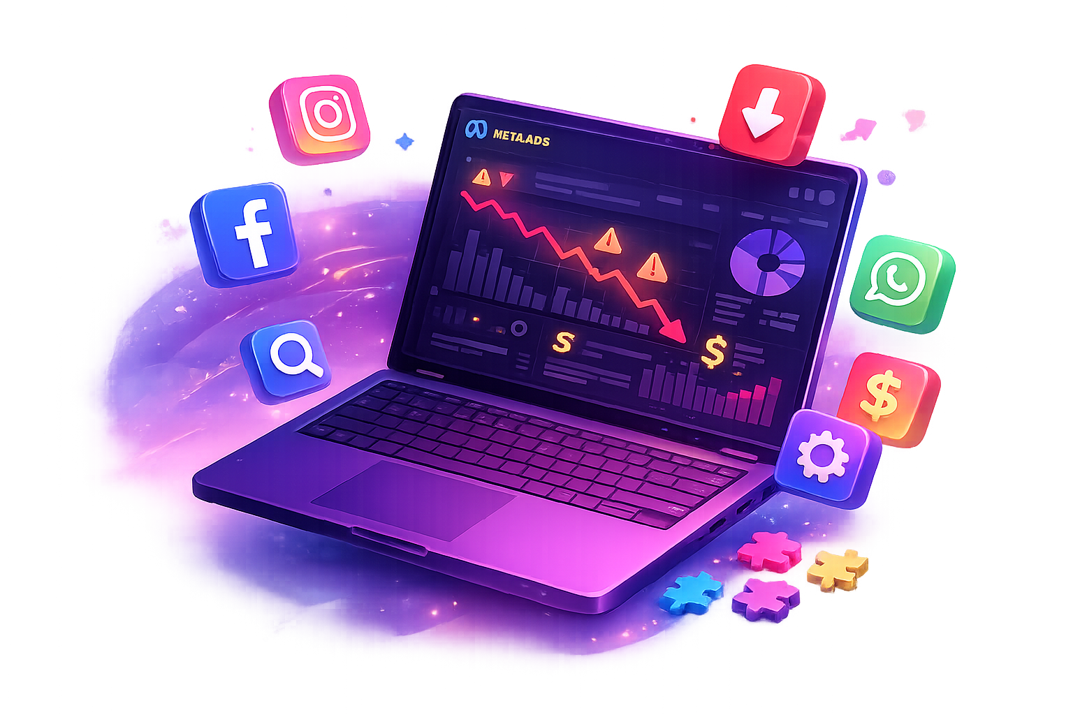 Laptop con dashboard de Meta Ads mostrando métricas en caída y alertas, rodeado de iconos de Facebook, Instagram y WhatsApp, representando los errores que hacen perder dinero en campañas publicitarias