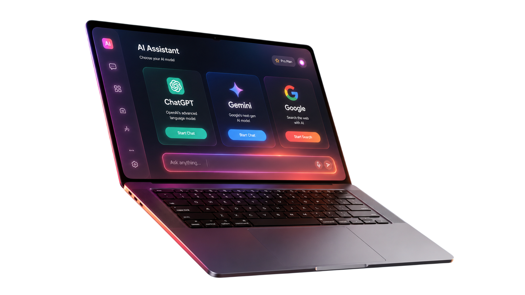 Laptop con interfaz de inteligencia artificial representando GEO y AEO para posicionamiento en ChatGPT y Gemini