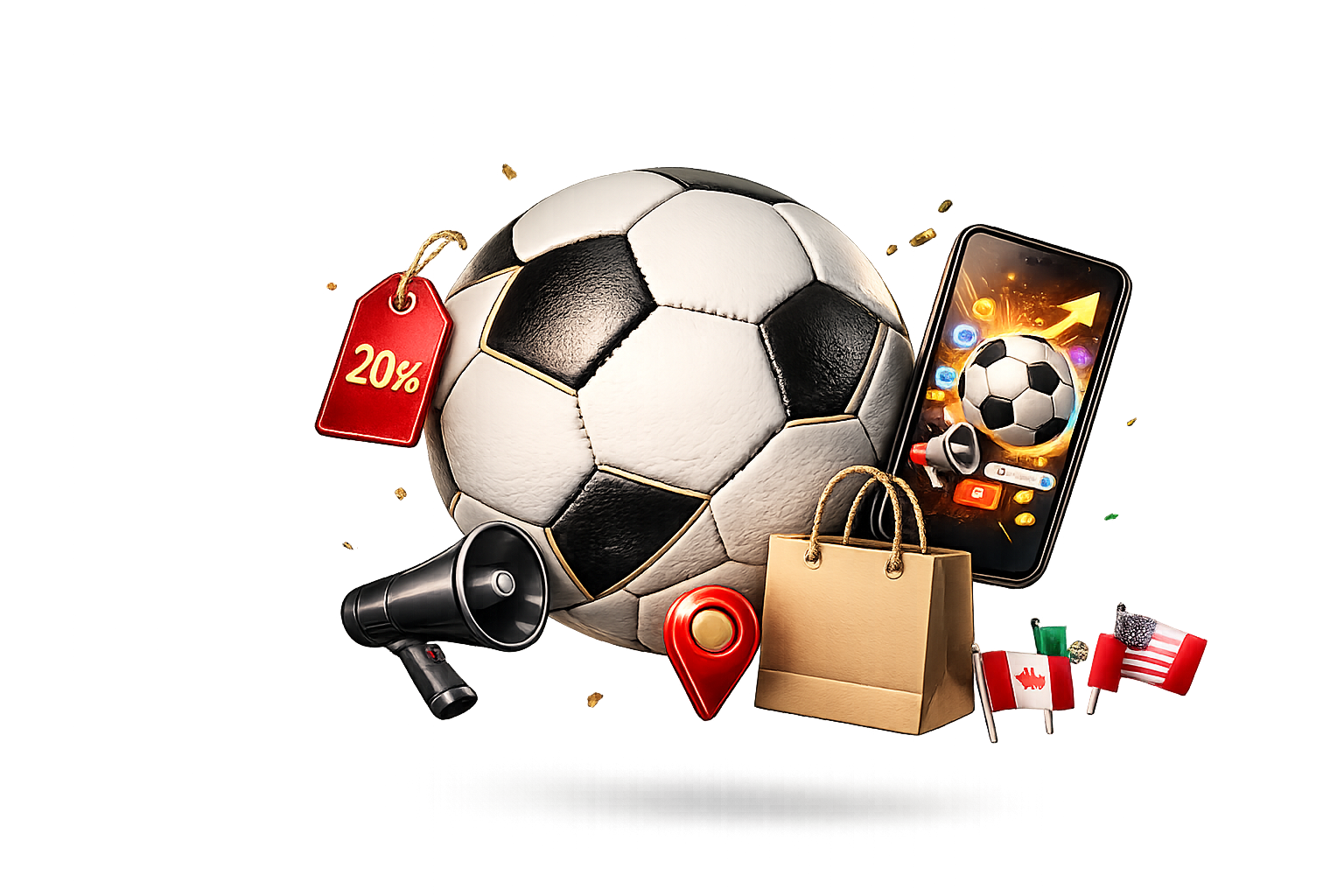 Pin de geolocalización rodeado de un mapa urbano, balón de fútbol y smartphone con anuncio segmentado para campañas locales en el Mundial 2026