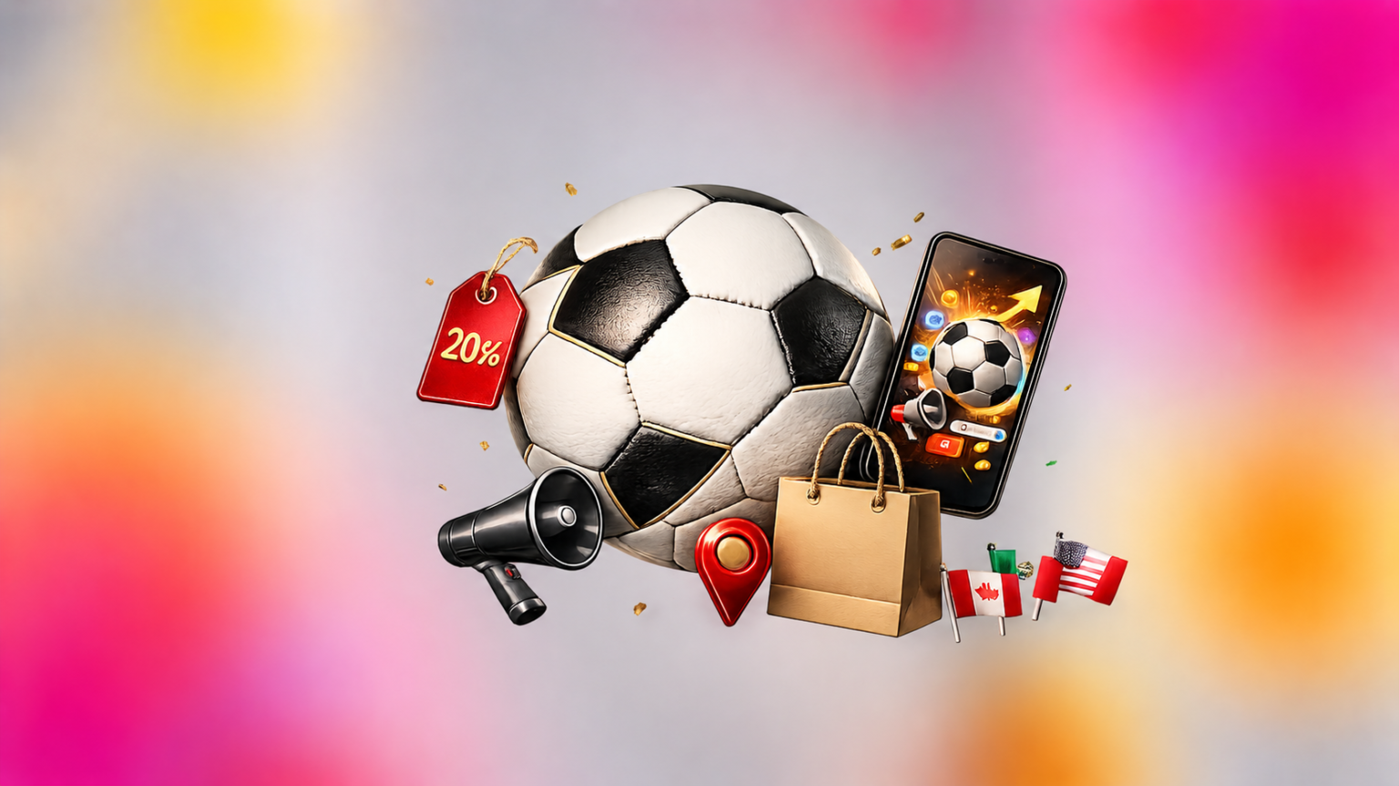 Composición de marketing digital para el Mundial 2026 con balón de fútbol, etiqueta de descuento, smartphone y banderas de los países sede