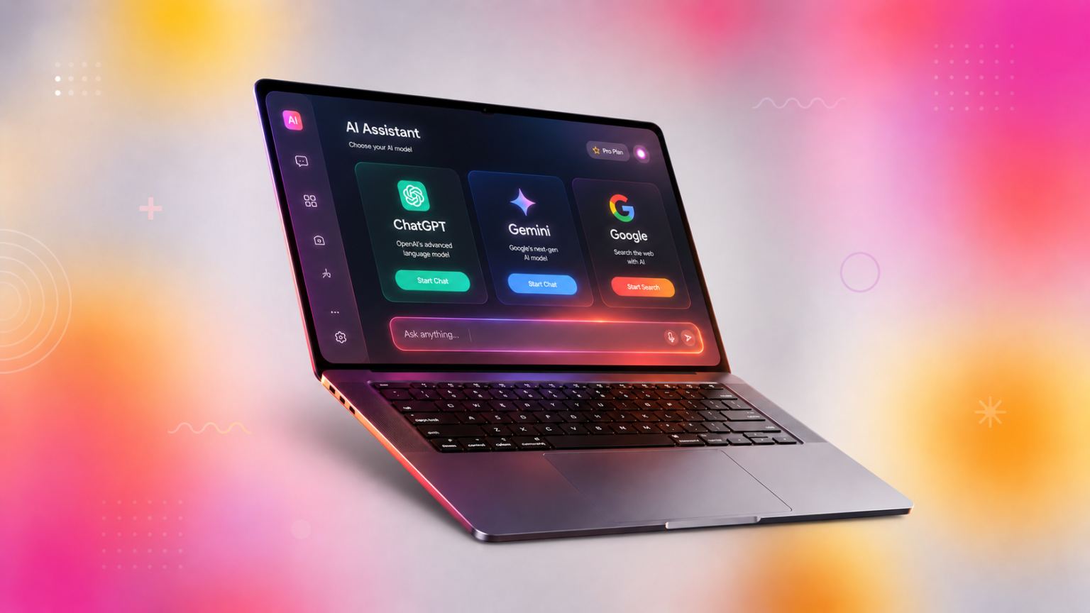 Laptop mostrando una plataforma de inteligencia artificial con ChatGPT, Gemini y Google AI sobre un fondo tecnológico moderno, representando estrategias de SEO, GEO y AEO para posicionamiento digital.